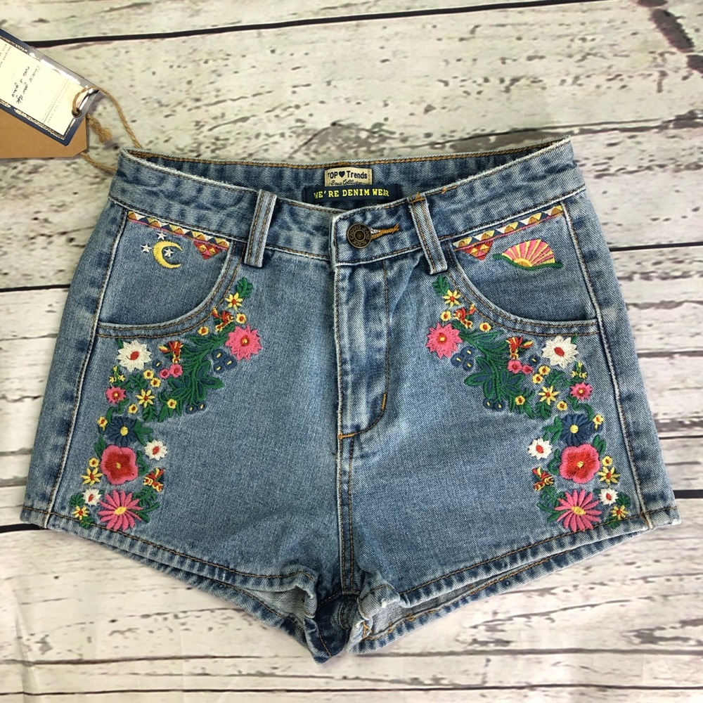 Boho denim high waisted shorts